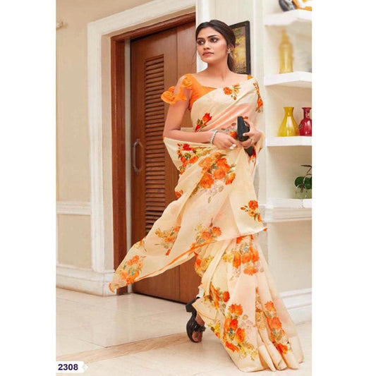 Radiant Cream And Orange Colour Printed Pure Linen Saree For Women - Ibis Fab