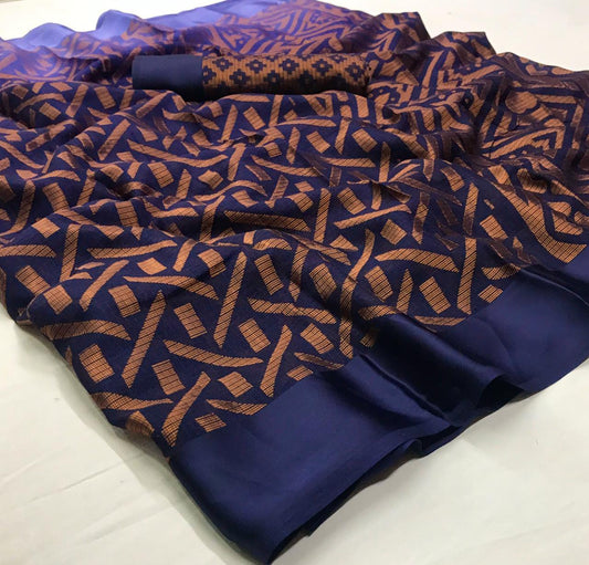 Radiant Dark Blue Colored Partywear Printed Pure Linen saree - Ibis Fab