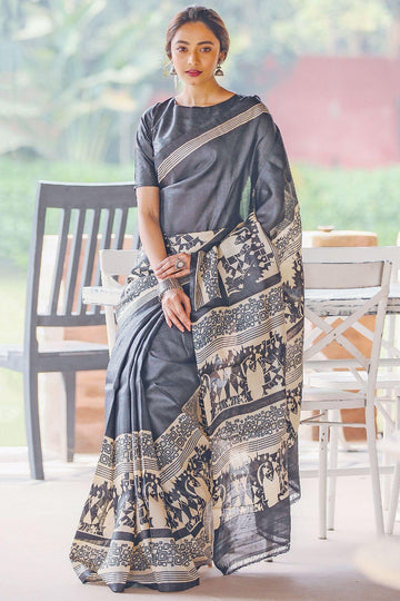 Radiant Dark Gray colored Silk Designer Printed Saree