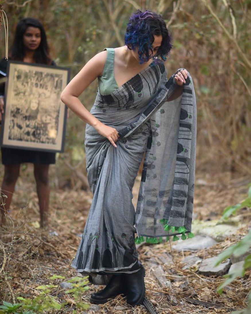 Radiant Grey Colored Printed Pure Linen Saree - Ibis Fab