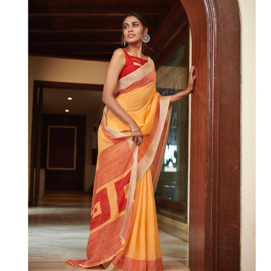 Radiant Peach And Red Colored Printed Pure Linen Saree For Women - Ibis Fab