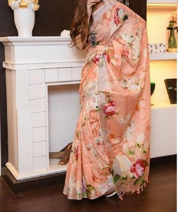 Radiant  Pech colored Designer Printed Pure Linen Designer Saree