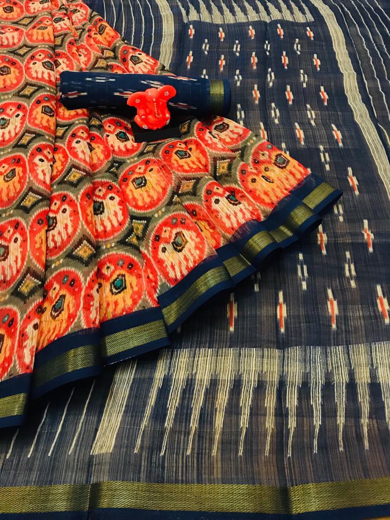 Radiant Pure Linen Blue And Orange Colored Casual Printed Saree - Ibis Fab