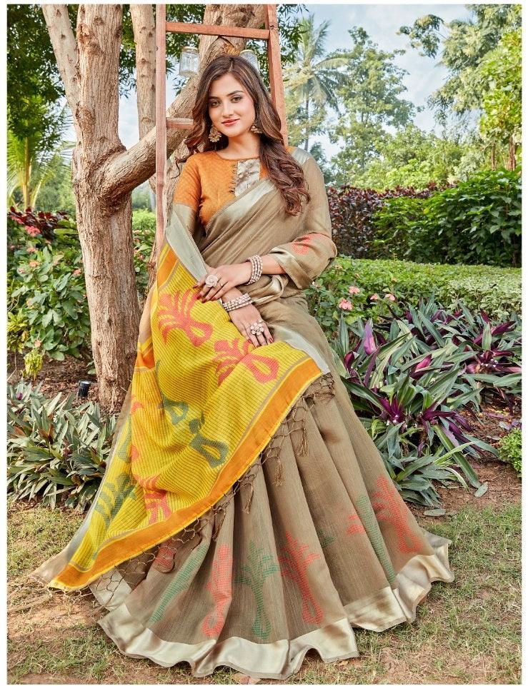 Radiant Pure Linen Tan And Yellow Colored Casual Printed Saree - Ibis Fab