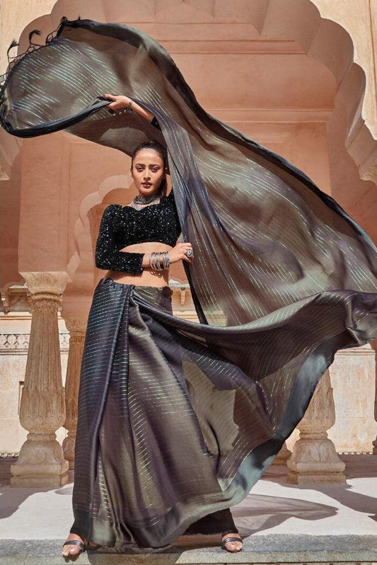 Rainbow Chiffon Satin Patta black Saree With Designer Blouse - Ibis Fab