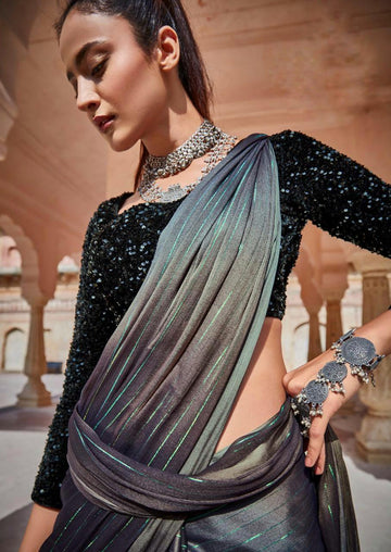 Rainbow Chiffon Satin Patta black Saree With Designer Blouse