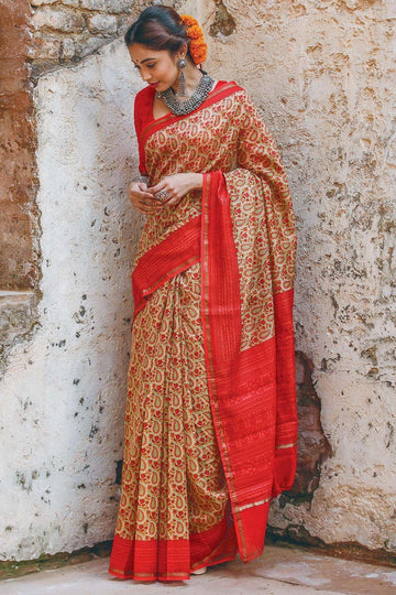 Rattling orange colored Linen Designer Printed Saree