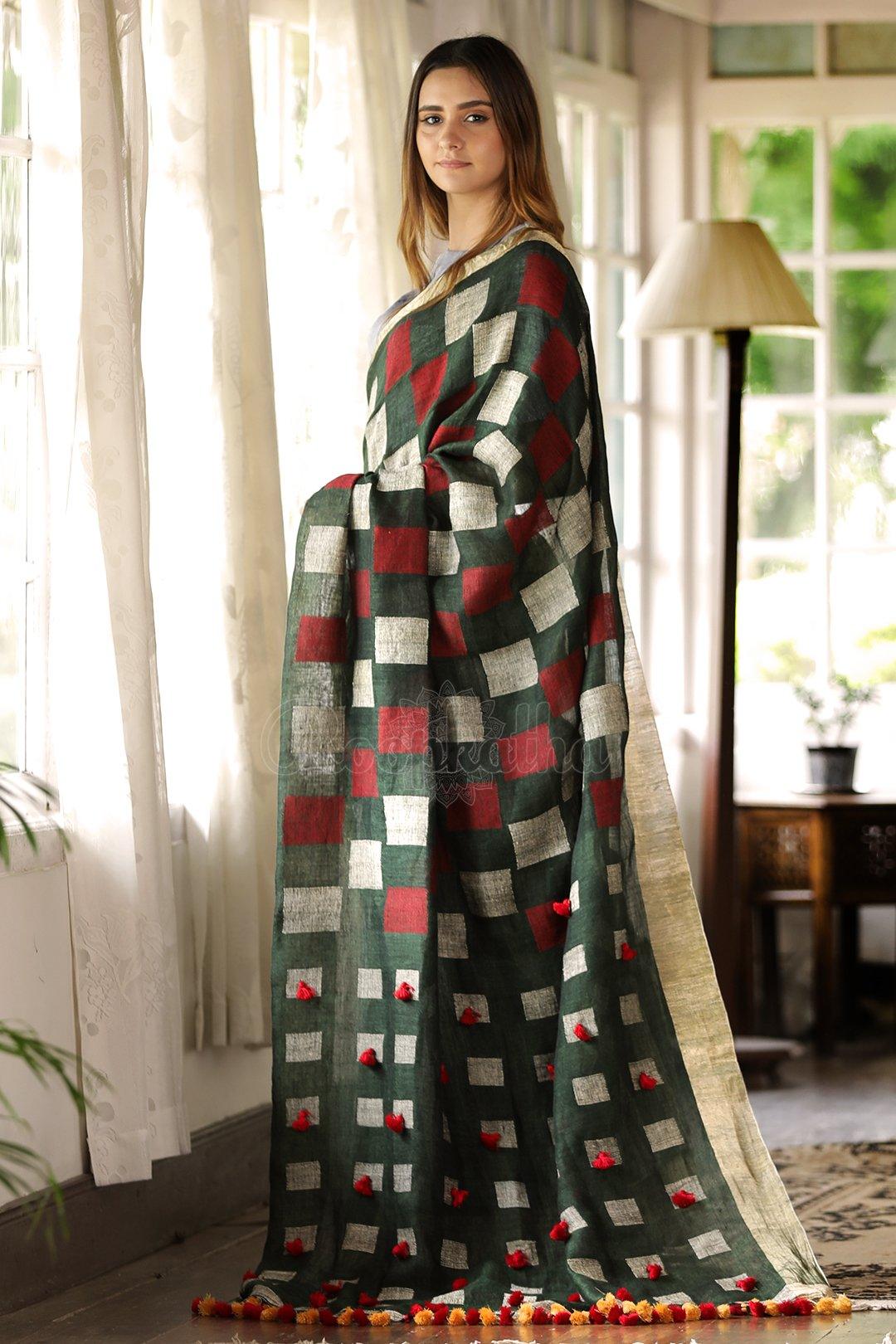 Ravishing Dark Green Premium Linen Saree - Ibis Fab