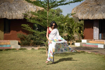 Ravishing White Colored Party Wear Printed Pure Linen Saree