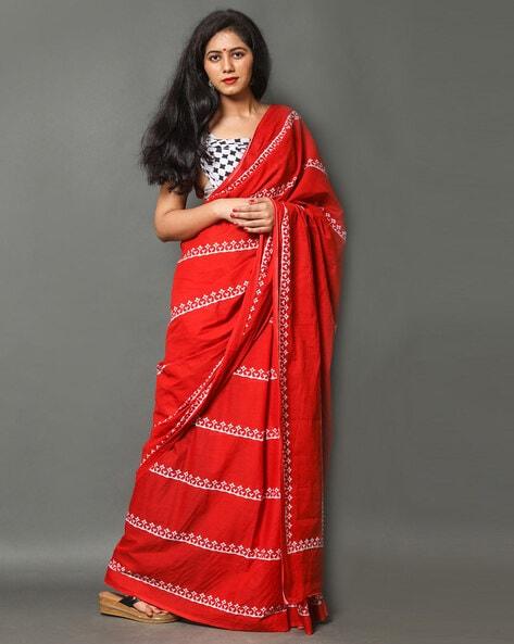 Red Printed Pure Linen Saree, Party Wear