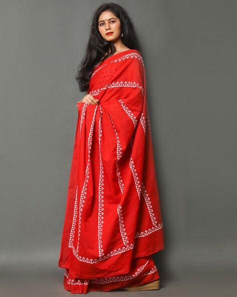 Red Printed Pure Linen Saree, Party Wear - Ibis Fab