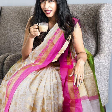 Refreshing Beige Colored Pure Linen Printed  Saree