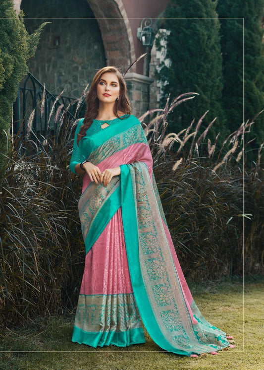 Refreshing Light Pink And Rama Colored PartyWear silk Saree - Ibis Fab