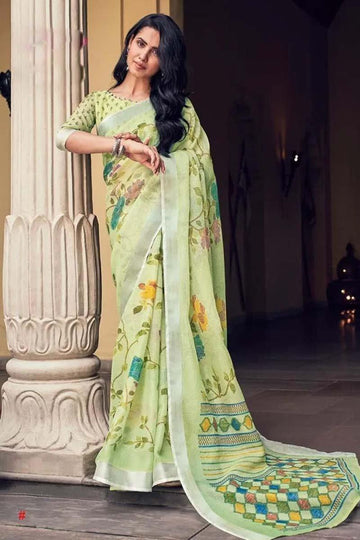 Refreshing Mint Colored Festive Wear Pure Linen Designer Saree