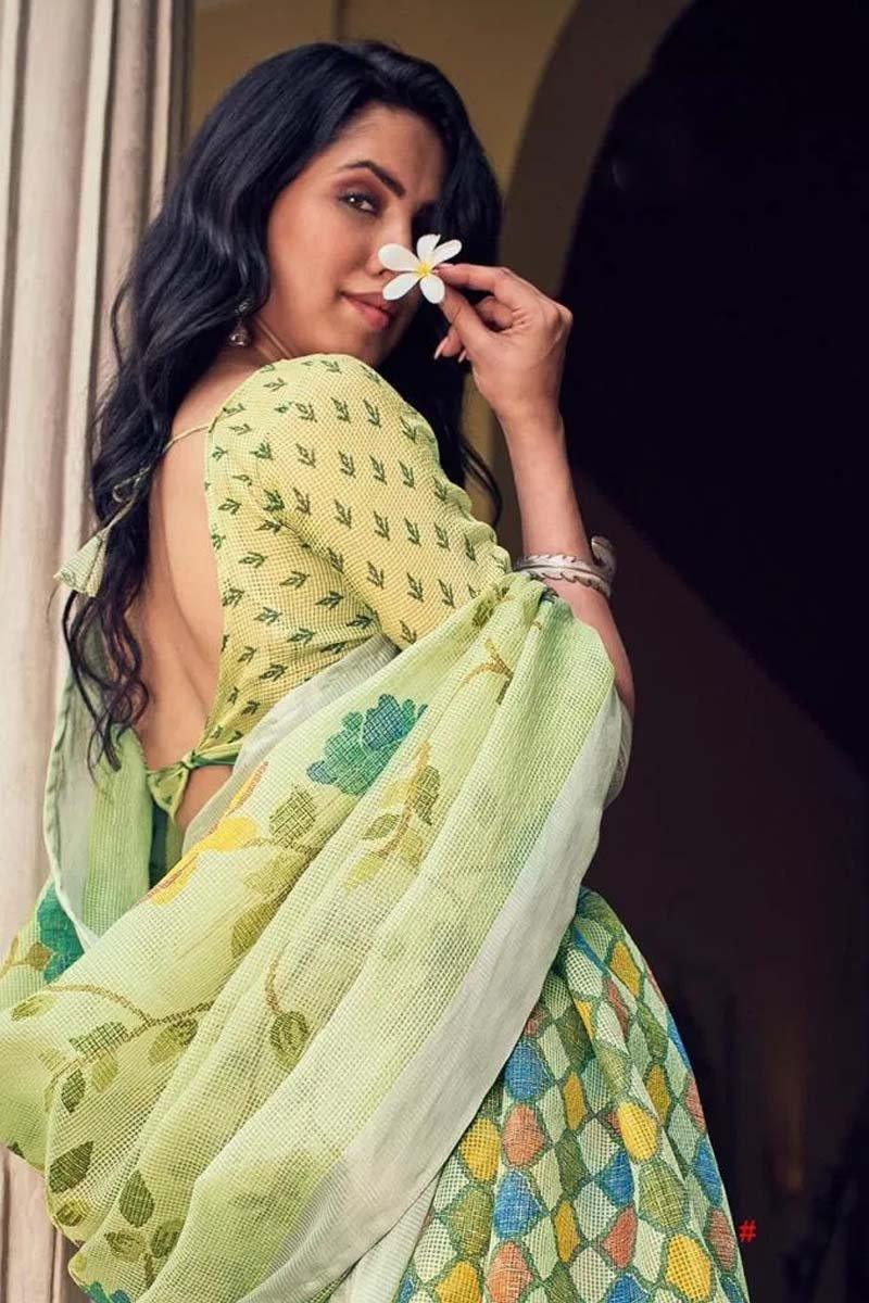 Refreshing Mint Colored Festive Wear Pure Linen Designer Saree - Ibis Fab