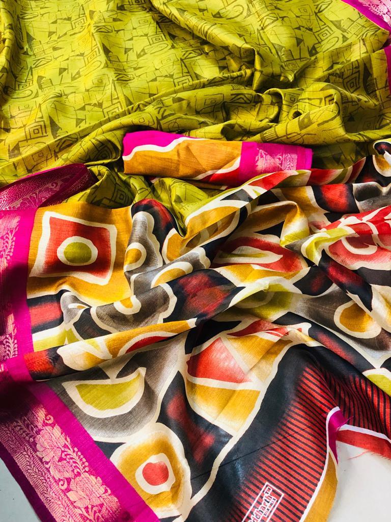 Refreshing Parrot Green Colored Pink Border PartyWear Pure Linen Saree - Ibis Fab