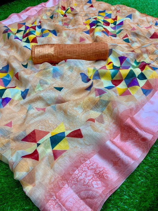 Refreshing Pure Linen Coral Colored Casual Printed Saree - Ibis Fab