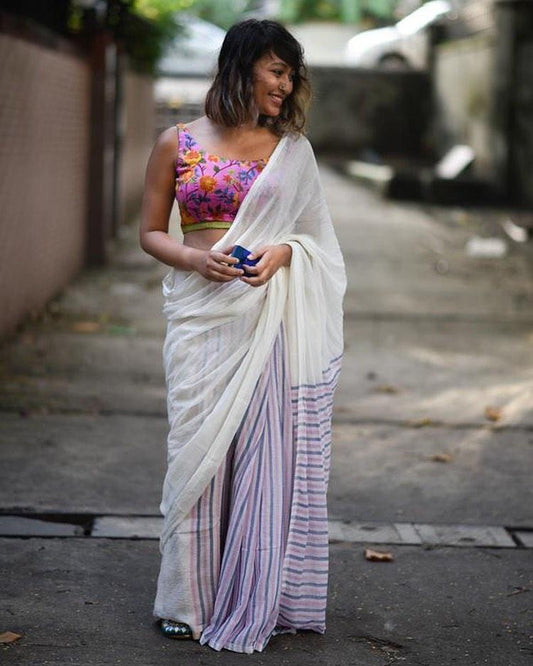 Refreshing White & Pink Colored Festive Wear Pure Linen Saree - Ibis Fab