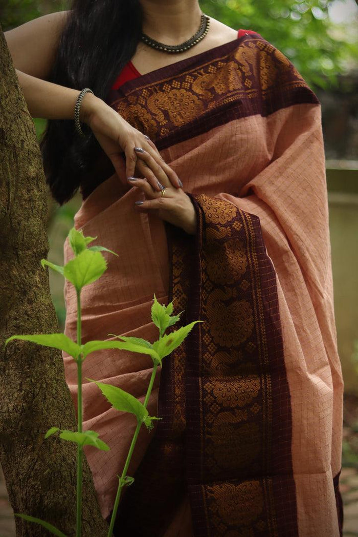 Rose Gold Colored Soft Silk Printed Saree With Blouse