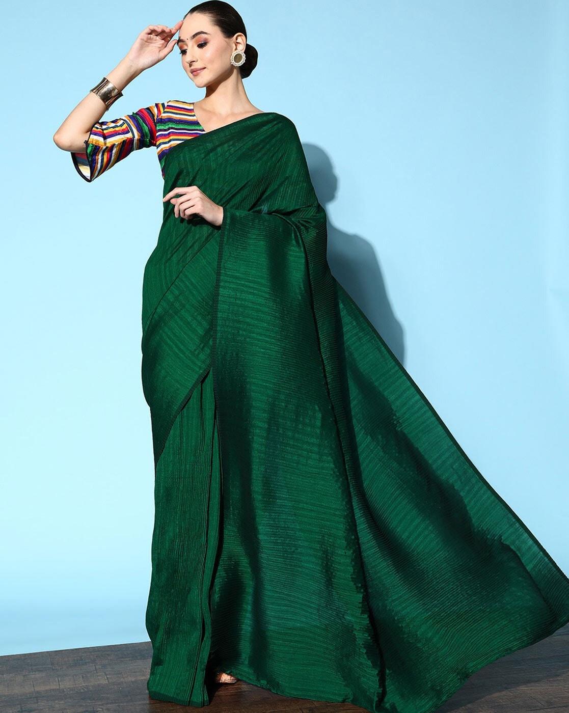 Sacramento Green Plain Half Pleated Jacquard Booti Japan Satin Saree - Ibis Fab