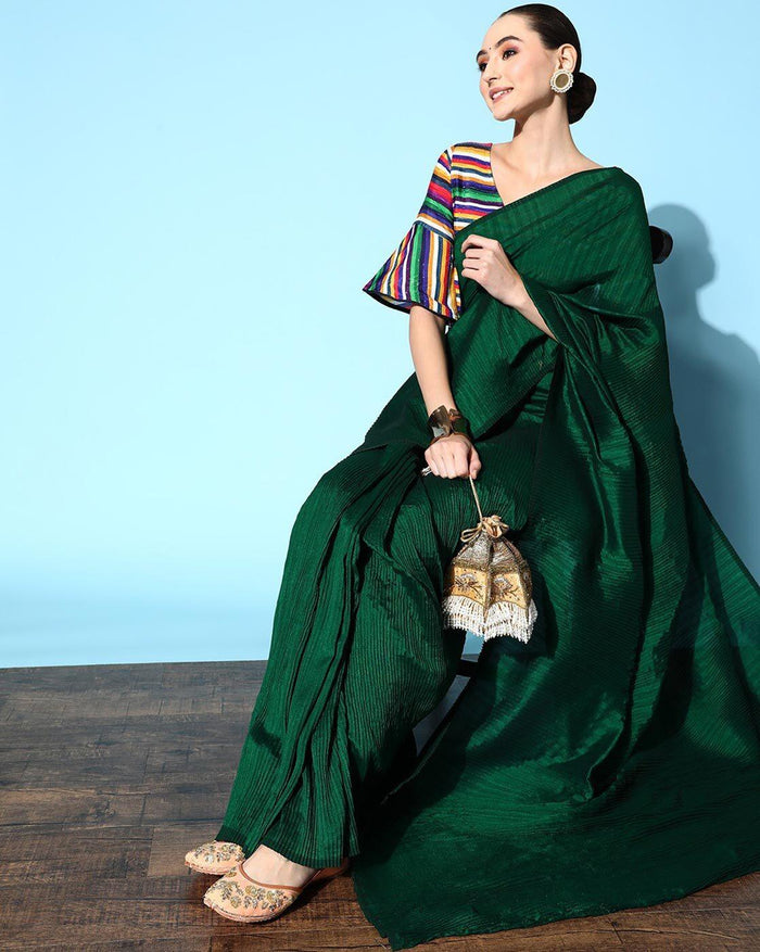 Sacramento Green Plain Half Pleated Jacquard Booti Japan Satin Saree