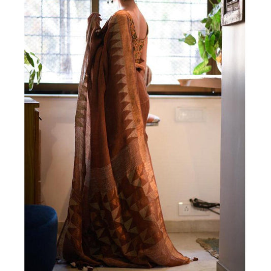 Sensational Copper Colored Festive Wear Pure Linen Designer Saree - Ibis Fab