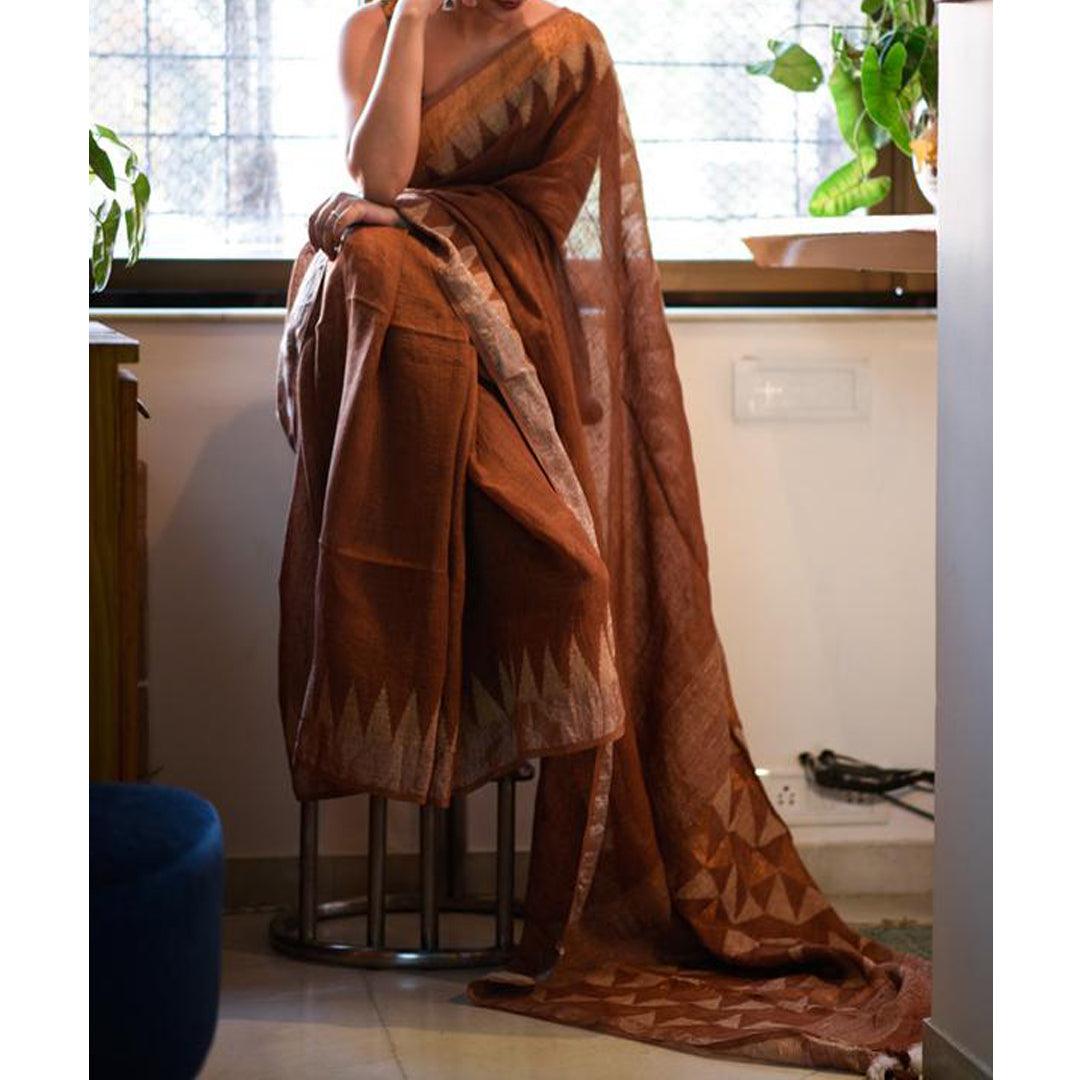Sensational Copper Colored Festive Wear Pure Linen Designer Saree - Ibis Fab