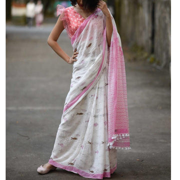 Sensational  White And Baby Pink Colored Festive Wear Pure Linen Designer Saree