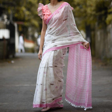 Sensational  White And Baby Pink Colored Festive Wear Pure Linen Designer Saree