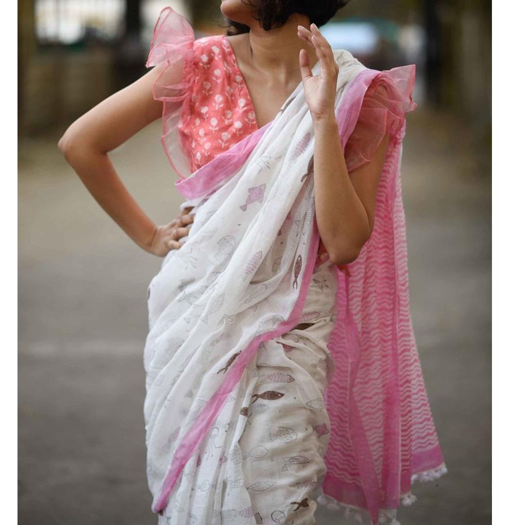 Sensational White And Baby Pink Colored Festive Wear Pure Linen Designer Saree - Ibis Fab