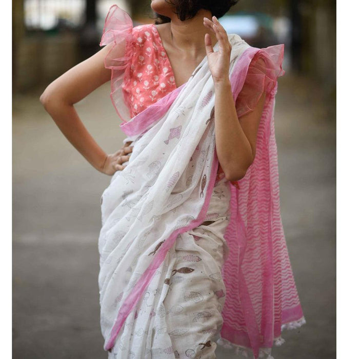 Sensational  White And Baby Pink Colored Festive Wear Pure Linen Designer Saree
