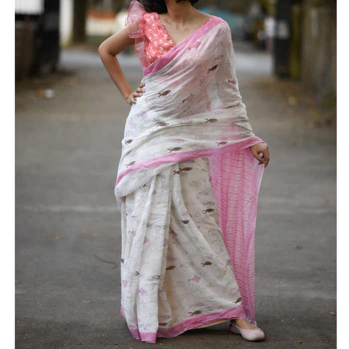 Sensational  White And Baby Pink Colored Festive Wear Pure Linen Designer Saree