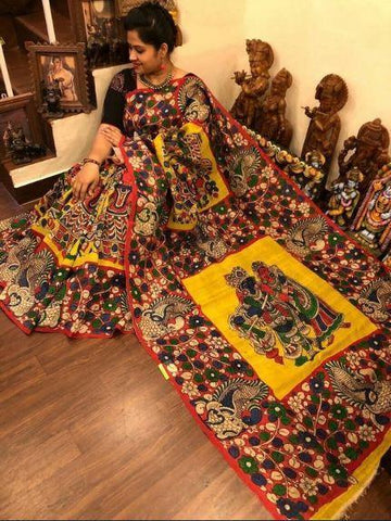 Shinning Yellow colored Kalamkari Linen Designer Printed Saree