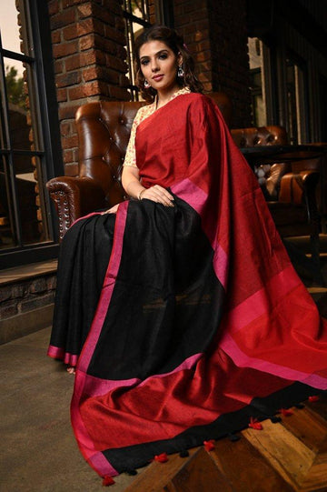 Sizzling Women's Red And Black Colour Pure Linen Saree With Blouse Piece