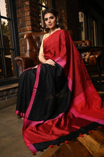 Sizzling Women's Red And Black Colour Pure Linen Saree With Blouse Piece - Ibis Fab