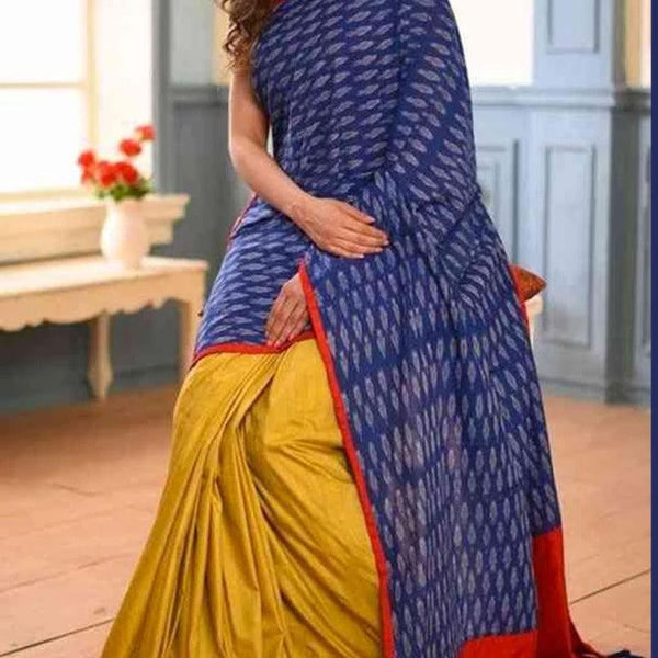 soft silk amazing blue with yellow colored casual wear saree - Ibis Fab