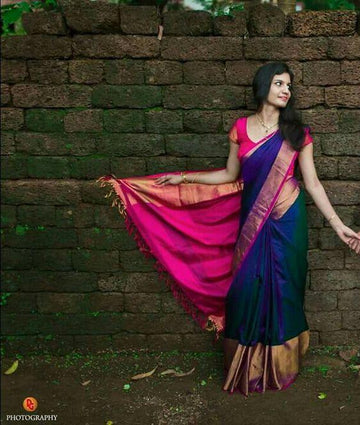 Soft silk blissful night blue colored, designer wear saree