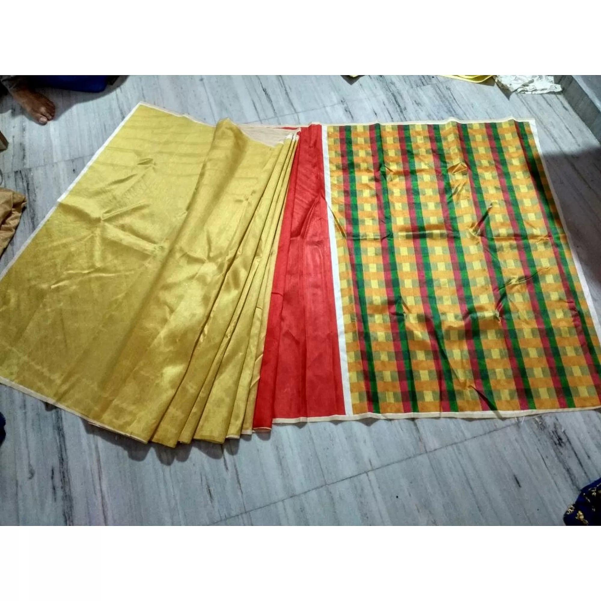 soft silk glorious yellow and red woven saree, casual wear - Ibis Fab