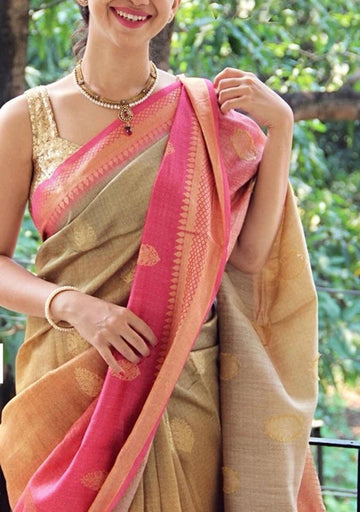 soft silk marvellous beige woven saree, wedding wear