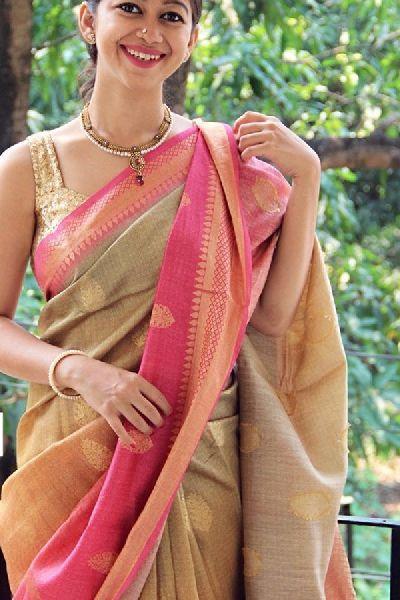 soft silk marvellous beige woven saree, wedding wear - Ibis Fab