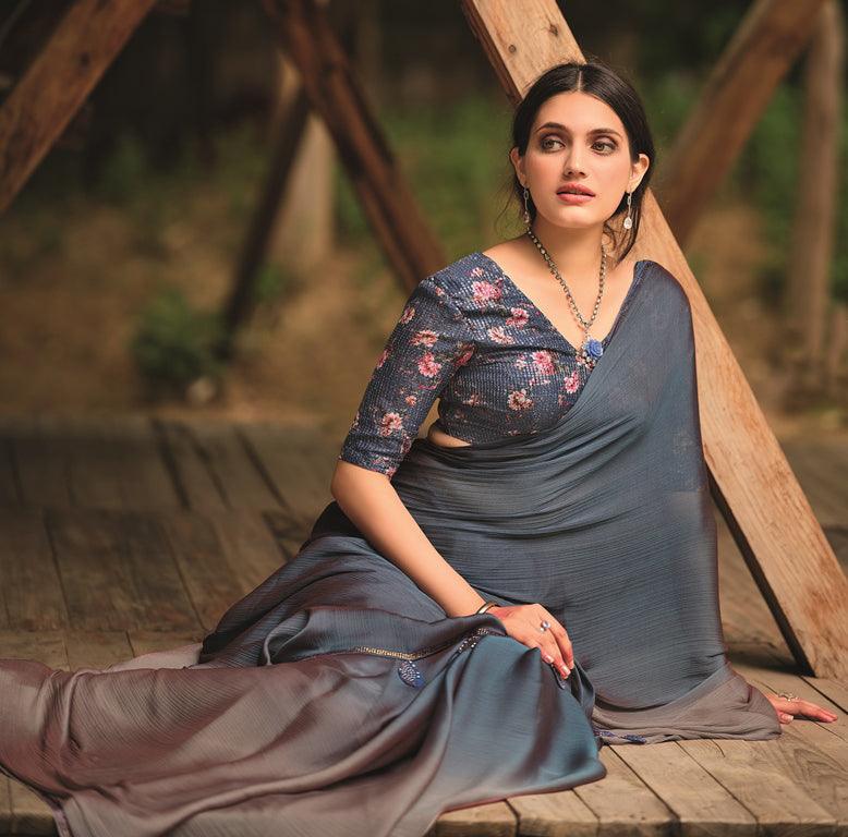 Soft Silk Starring Navy Grey Saree, Shining Festive Wear - Ibis Fab