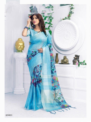 Solid Sky Blue Pure Linen Designer Printed Saree