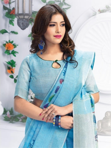 Solid Sky Blue Pure Linen Designer Printed Saree