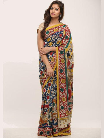 Sophisticated Night blue colored Kalamkari Linen Designer Printed Saree