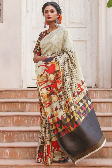 Sophisticated Off White colored Linen Designer Printed Saree