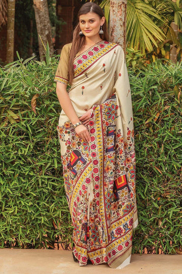 Sophisticated Off White colored Linen Printed Saree