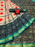 Sophisticated Pure Linen Off White And Blue Colored Casual Printed Saree