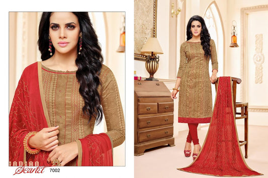 Soulful Beige Colored Embroidered Mirror Worked Chanderi Cotton Dress Material - Ibis Fab