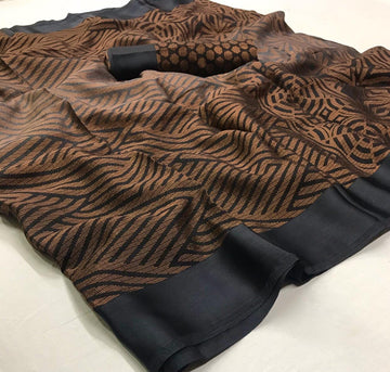 Staggering brown Colored  Partywear Printed Pure Linen saree