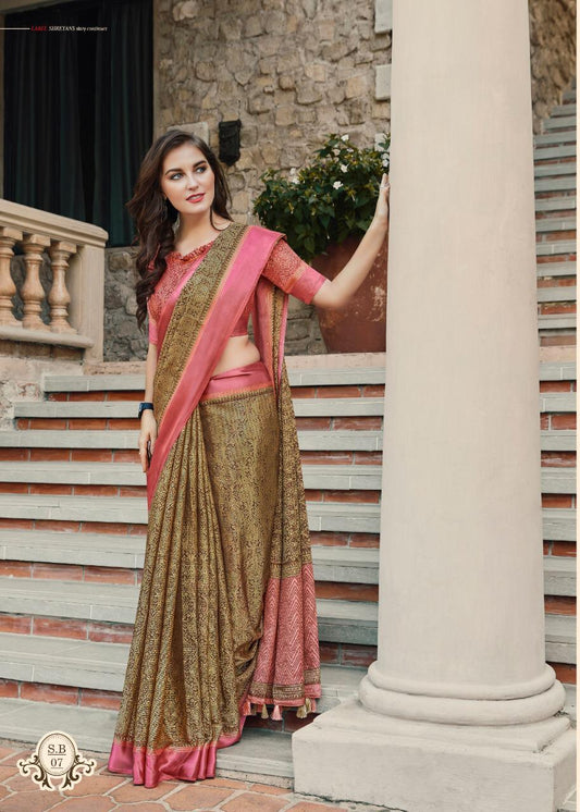 Staggering Mehendi And Light Pink Colored PartyWear Pure Linen Saree - Ibis Fab